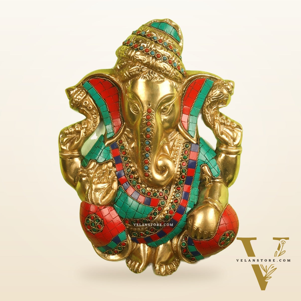 Brass Pagdi Ganesha Wall Hanging 10" Stonework