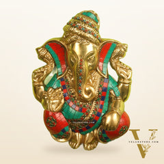 Brass Pagdi Ganesha Wall Hanging 10" Stonework