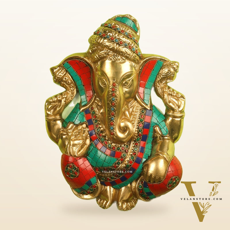 Brass Pagdi Ganesha Wall Hanging 10" Stonework