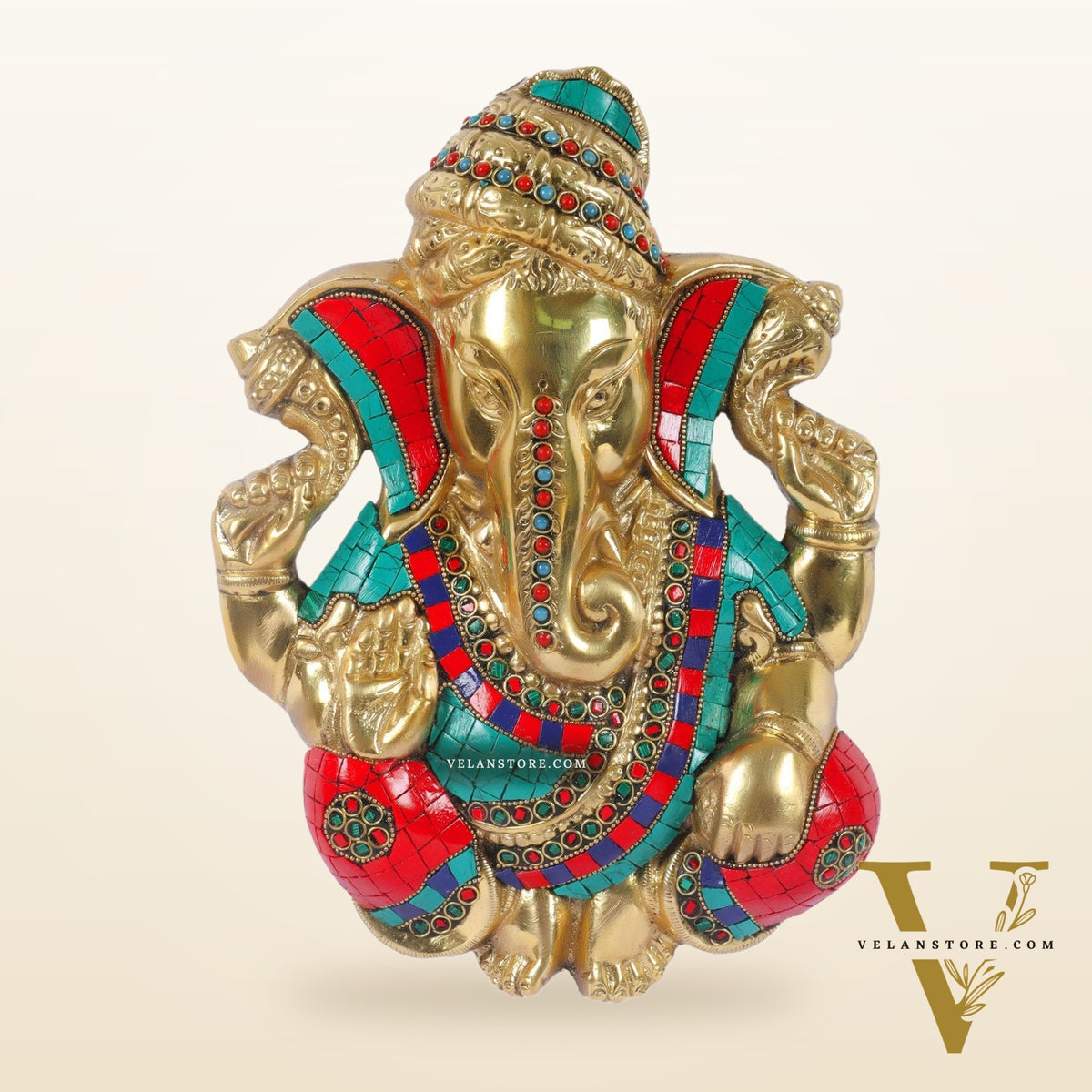 Brass Pagdi Ganesha Wall Hanging 10" Stonework