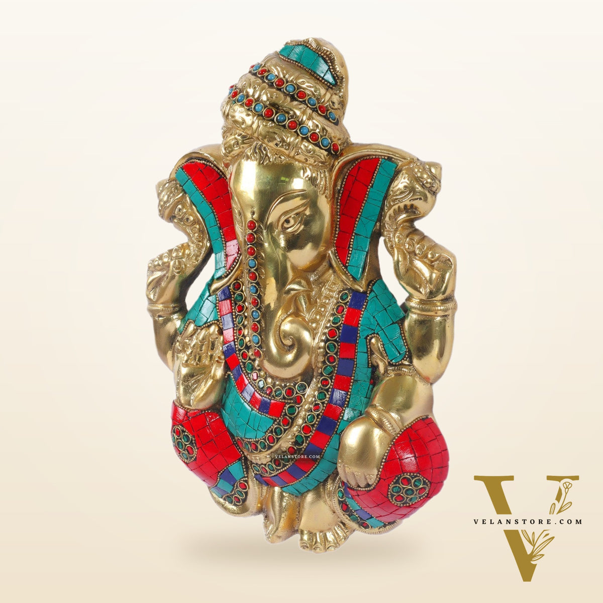 Brass Pagdi Ganesha Wall Hanging 10" Stonework