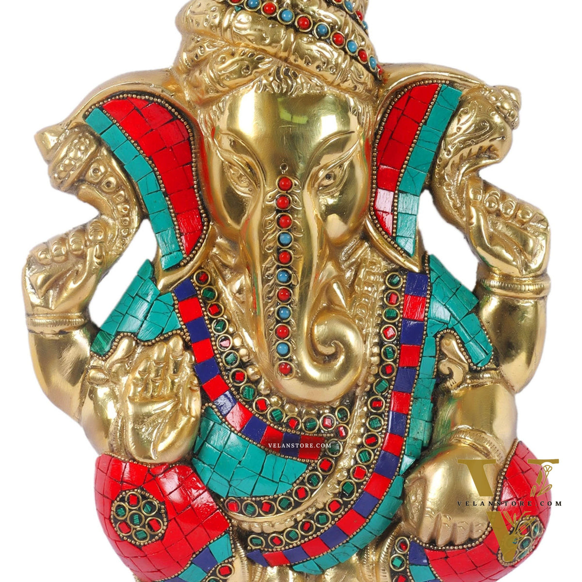 Brass Pagdi Ganesha Wall Hanging 10" Stonework