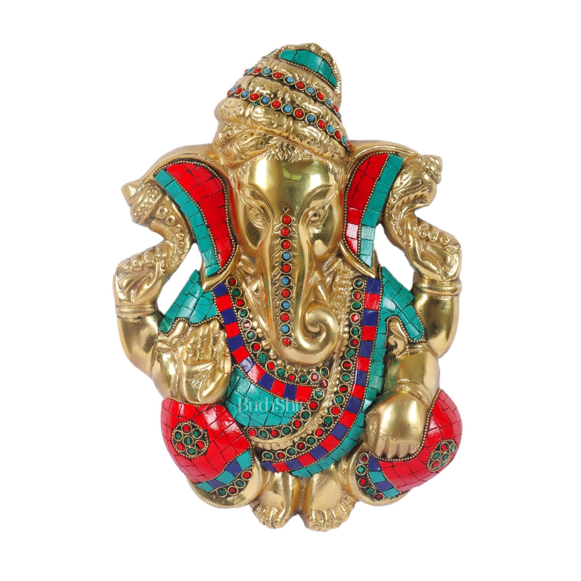 Brass Pagdi Ganesha Wall Hanging 10" Stonework