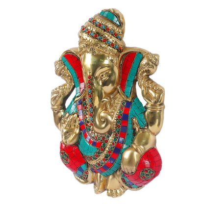 Brass Pagdi Ganesha Wall Hanging 10" Stonework