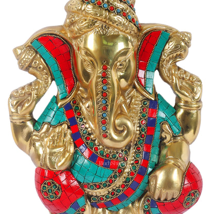 Brass Pagdi Ganesha Wall Hanging 10" Stonework