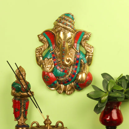 Brass Pagdi Ganesha Wall Hanging 10" Stonework
