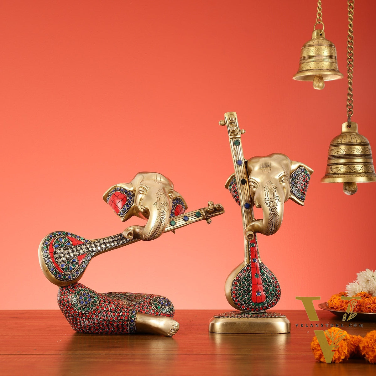 Brass Pair of Abstract Lord Ganesha Table Accents - 12 Inch Height