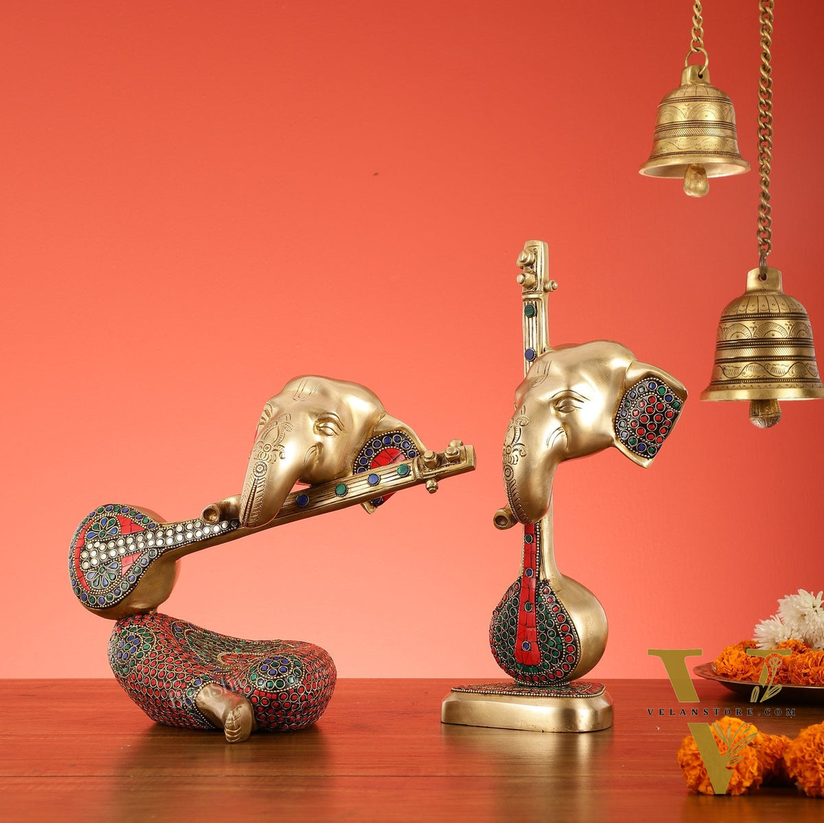 Brass Pair of Abstract Lord Ganesha Table Accents - 12 Inch Height