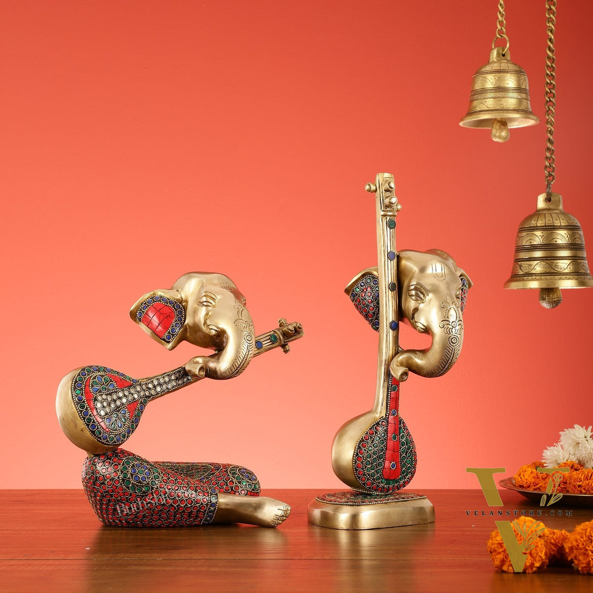 Brass Pair of Abstract Lord Ganesha Table Accents - 12 Inch Height