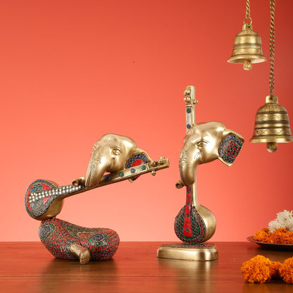 Brass Pair of Abstract Lord Ganesha Table Accents - 12 Inch Height