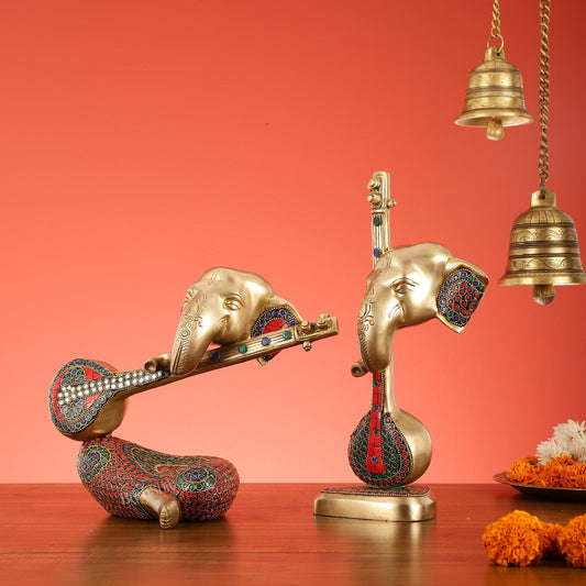 Brass Pair of Abstract Lord Ganesha Table Accents - 12 Inch Height