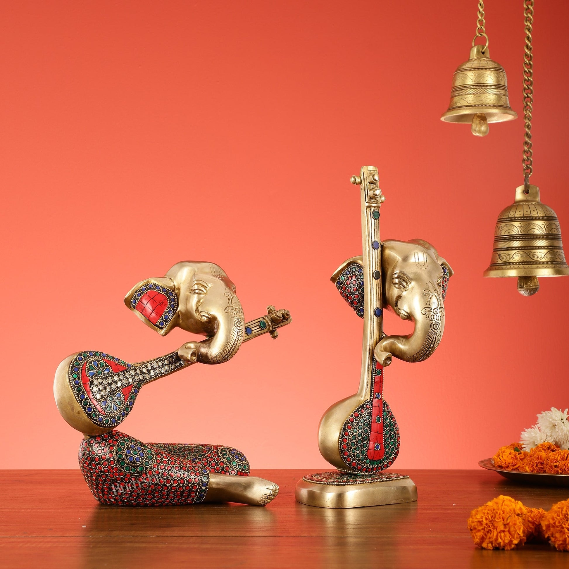 Brass Pair of Abstract Lord Ganesha Table Accents - 12 Inch Height