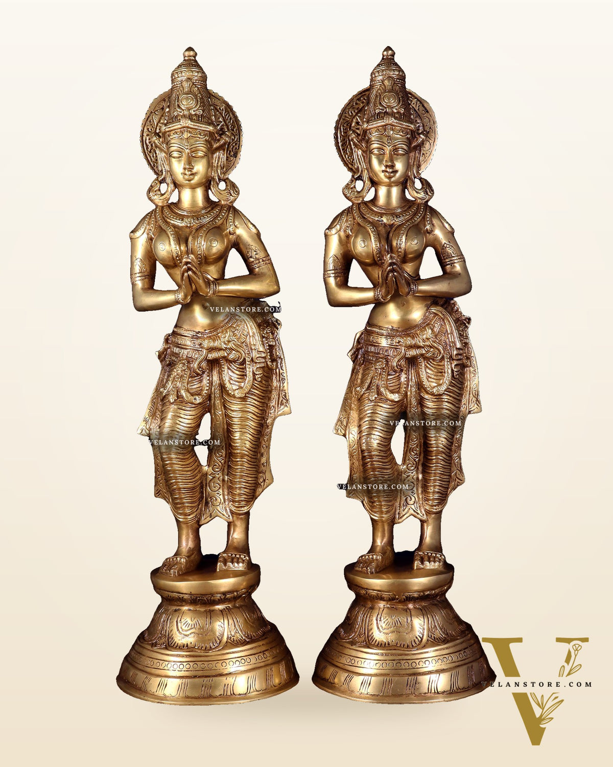 Brass Pair of Namaste Lady – Traditional Welcome Statues 28.5 inch