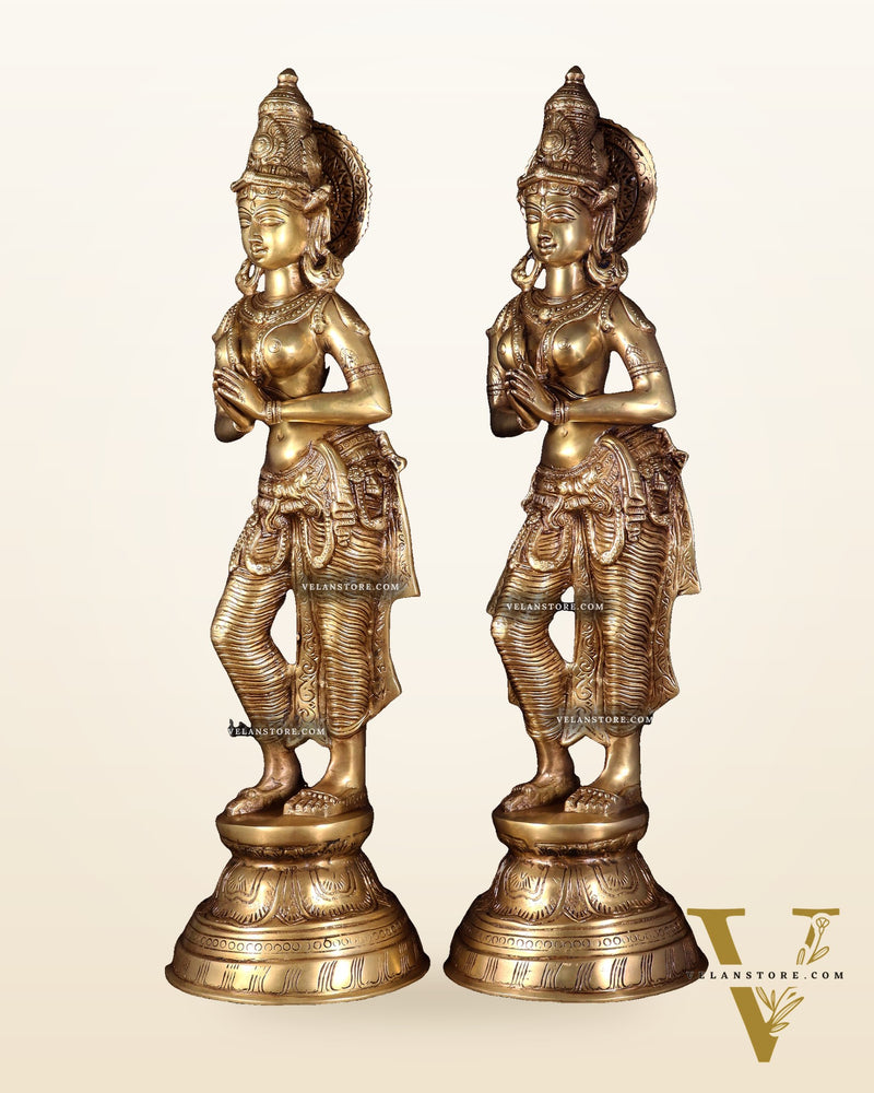 Brass Pair of Namaste Lady – Traditional Welcome Statues 28.5 inch