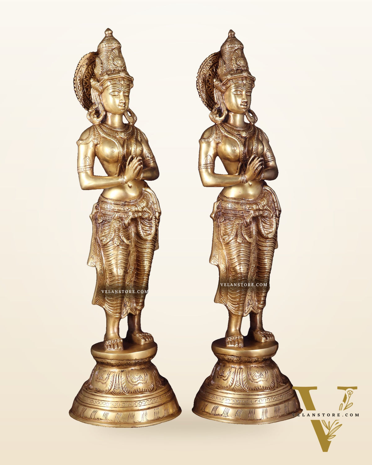 Brass Pair of Namaste Lady – Traditional Welcome Statues 28.5 inch