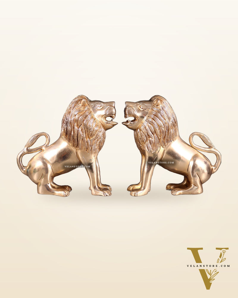 Brass Pair of Sitting Roaring Lion Showpieces – Vastu & Feng Shui Recommended