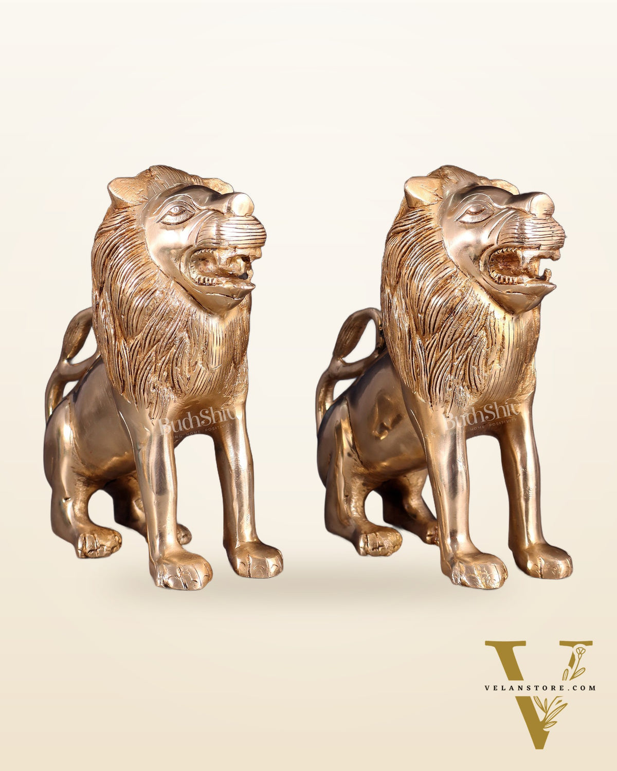 Brass Pair of Sitting Roaring Lion Showpieces – Vastu & Feng Shui Recommended
