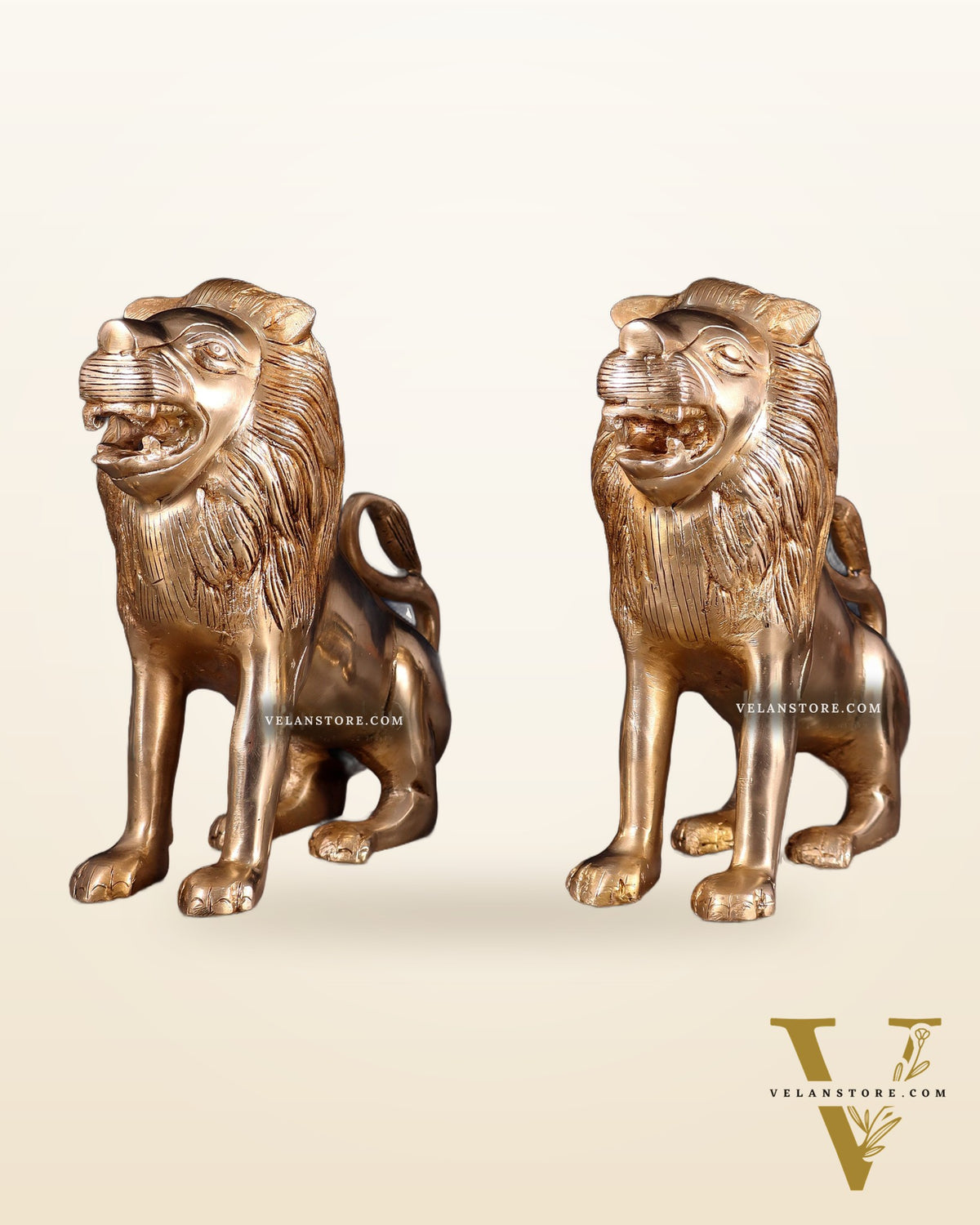 Brass Pair of Sitting Roaring Lion Showpieces – Vastu & Feng Shui Recommended