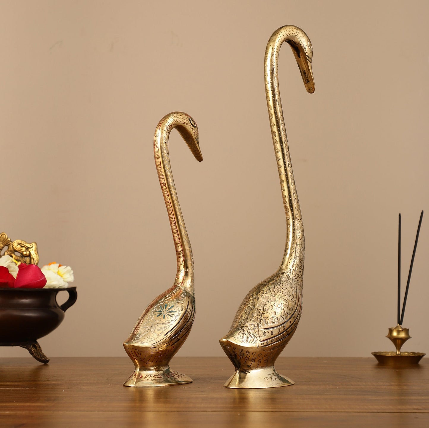 Brass Pair of Swans Showpiece - 15" Height | Elegant Home Decor