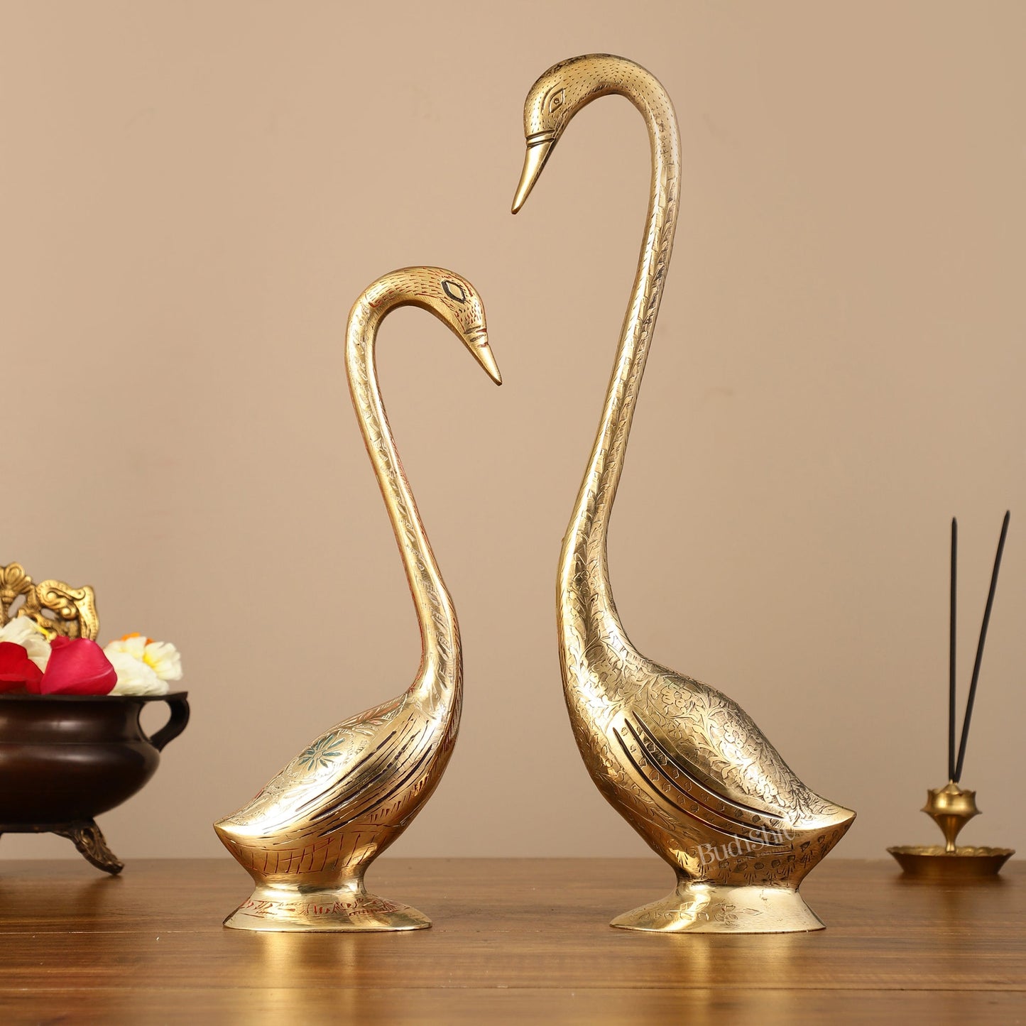 Brass Pair of Swans Showpiece - 15" Height | Elegant Home Decor