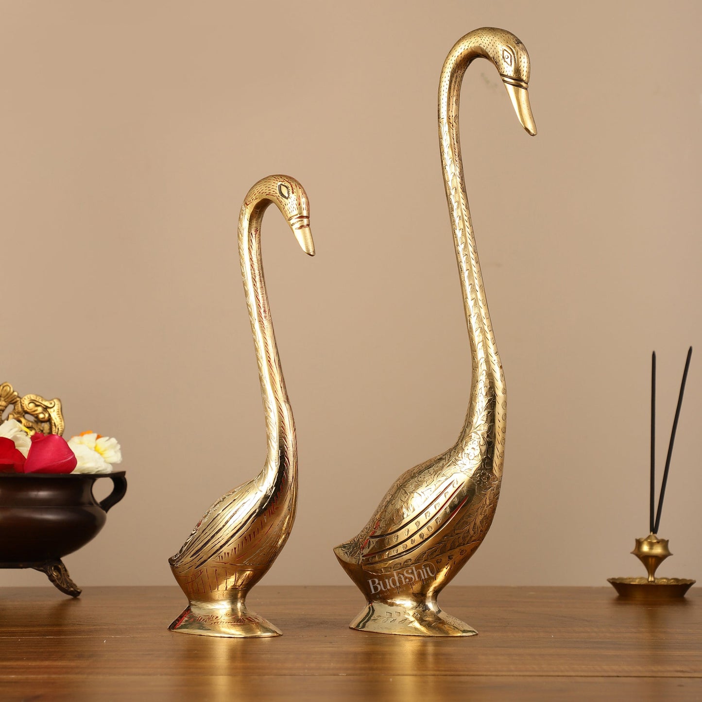 Brass Pair of Swans Showpiece - 15" Height | Elegant Home Decor