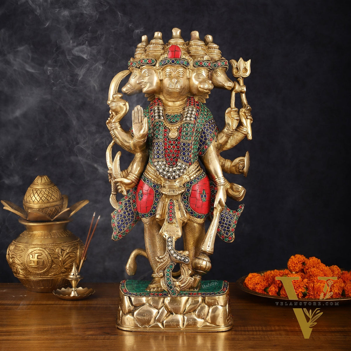 Brass Panch Mukhi Hanuman Statue with Stonework - 17.5 Inches
