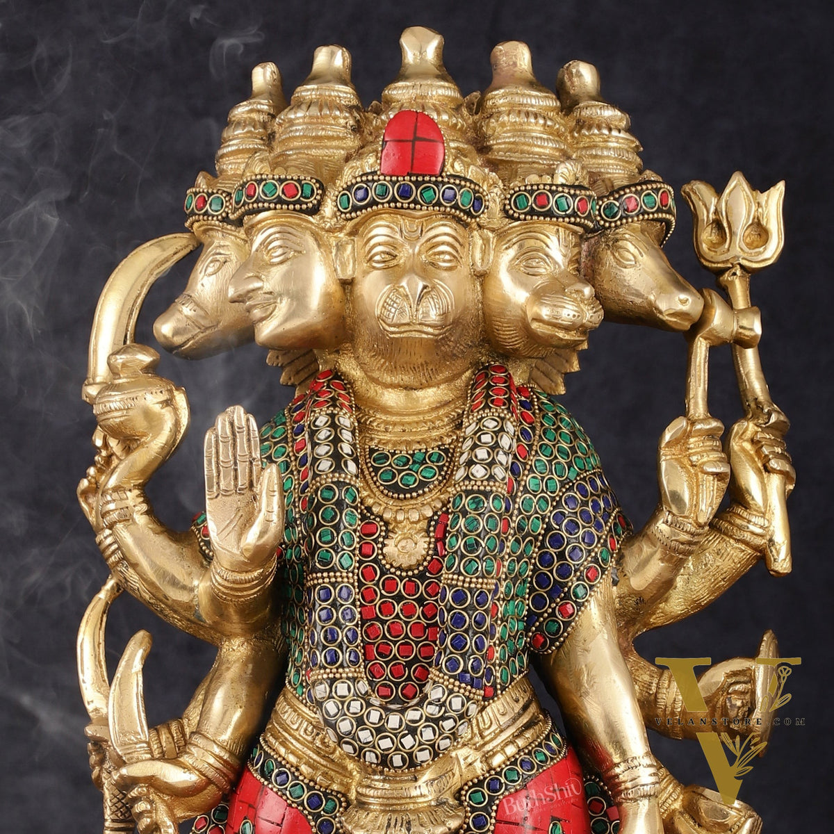Brass Panch Mukhi Hanuman Statue with Stonework - 17.5 Inches