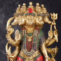 Brass Panch Mukhi Hanuman Statue with Stonework - 17.5 Inches