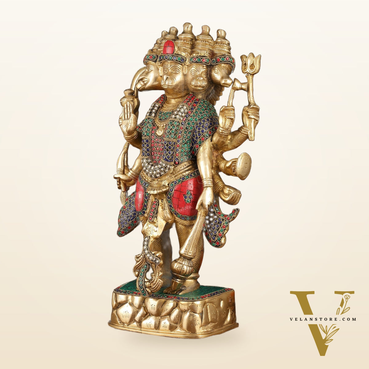 Brass Panch Mukhi Hanuman Statue with Stonework - 17.5 Inches
