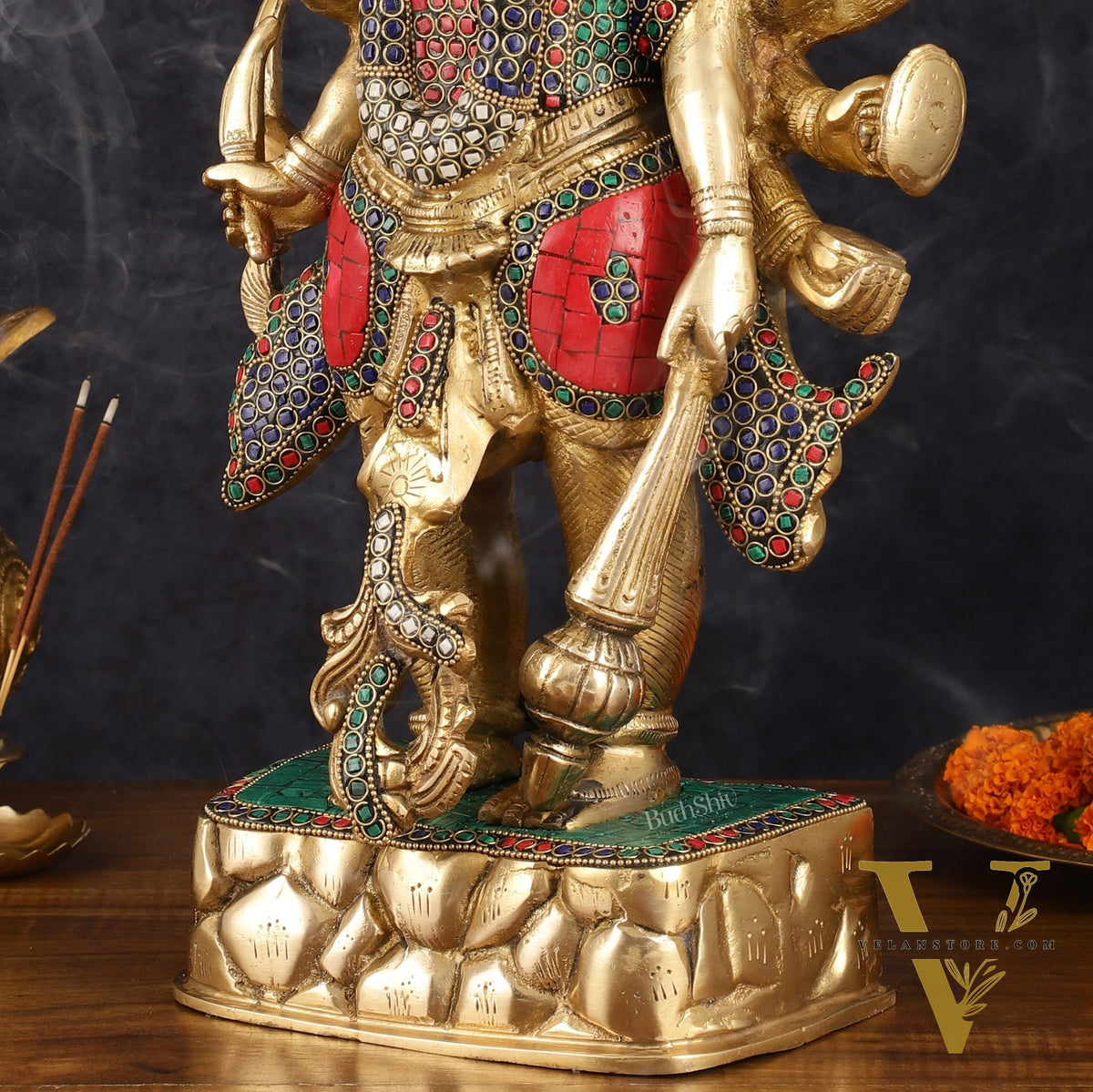 Brass Panch Mukhi Hanuman Statue with Stonework - 17.5 Inches