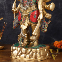 Brass Panch Mukhi Hanuman Statue with Stonework - 17.5 Inches