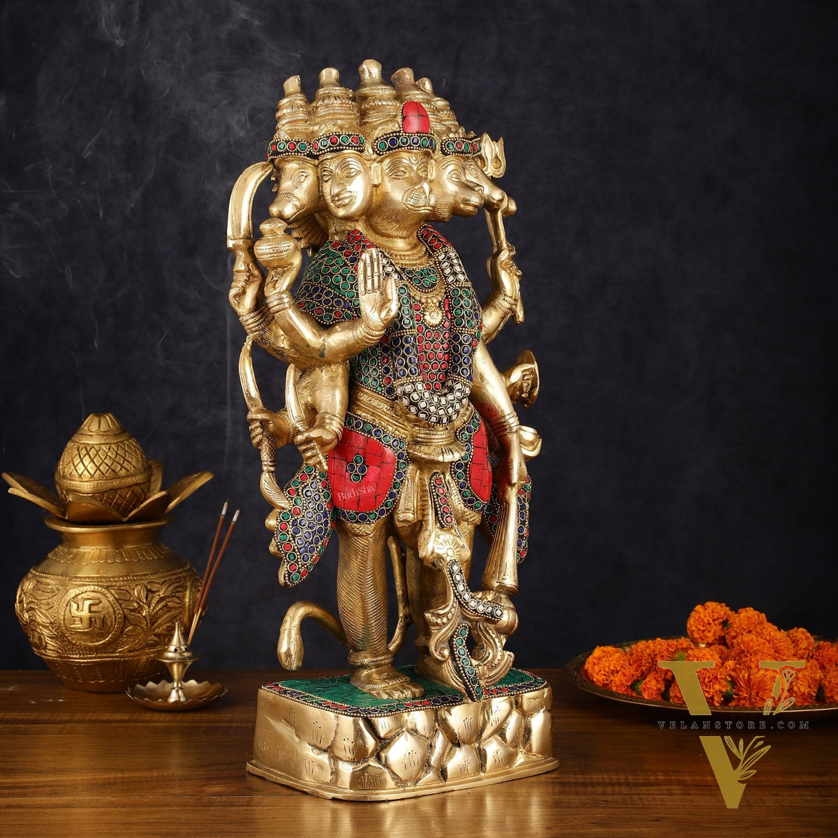 Brass Panch Mukhi Hanuman Statue with Stonework - 17.5 Inches