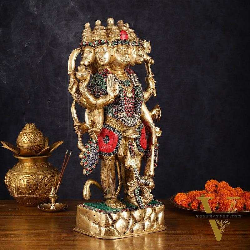 Brass Panch Mukhi Hanuman Statue with Stonework - 17.5 Inches