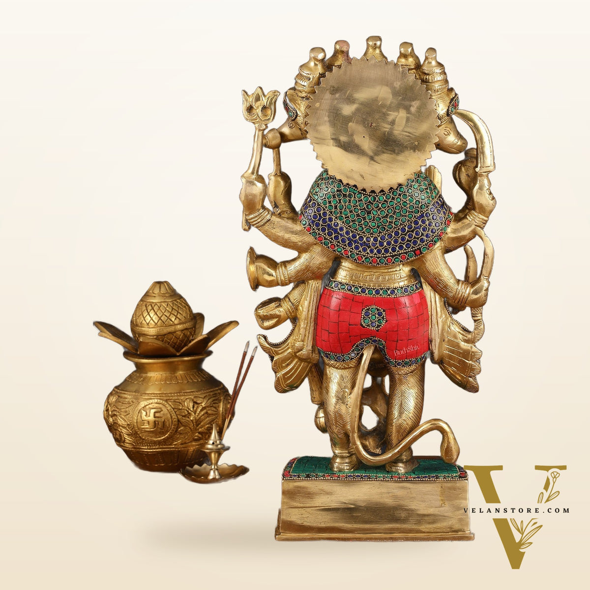 Brass Panch Mukhi Hanuman Statue with Stonework - 17.5 Inches