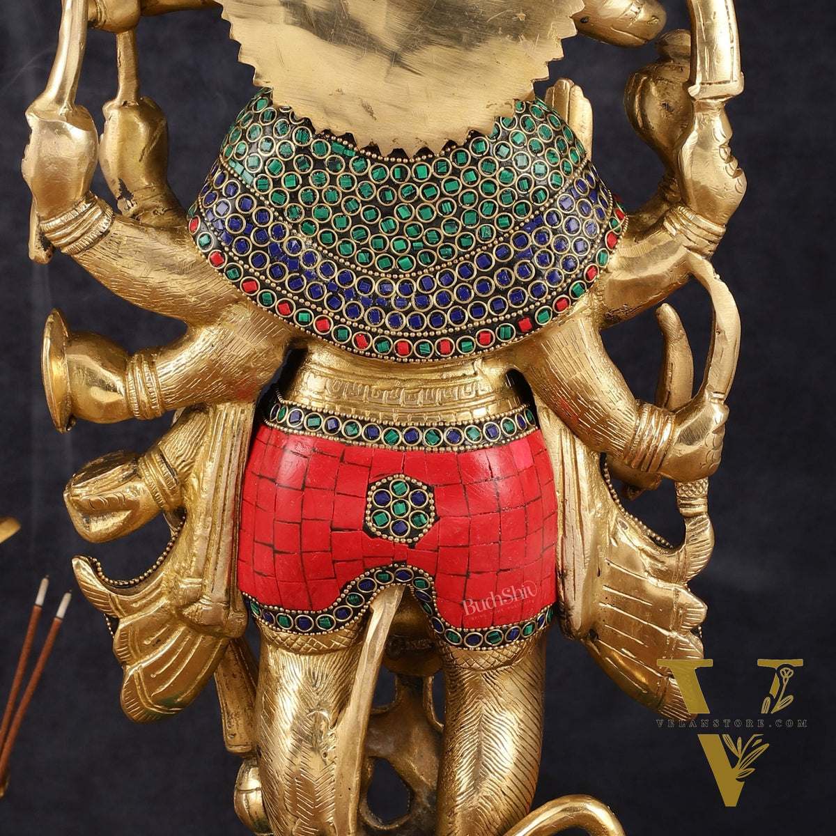 Brass Panch Mukhi Hanuman Statue with Stonework - 17.5 Inches