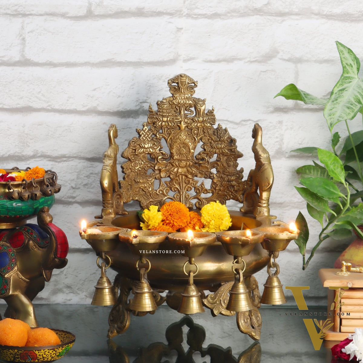 Brass Panchdeep large urli with bells with engraved back frame 12"