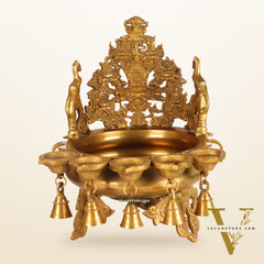 Brass Panchdeep large urli with bells with engraved back frame 12"