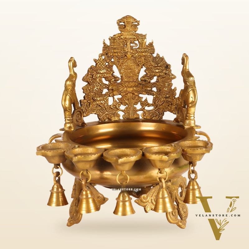 Brass Panchdeep large urli with bells with engraved back frame 12"