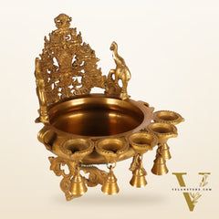 Brass Panchdeep large urli with bells with engraved back frame 12"