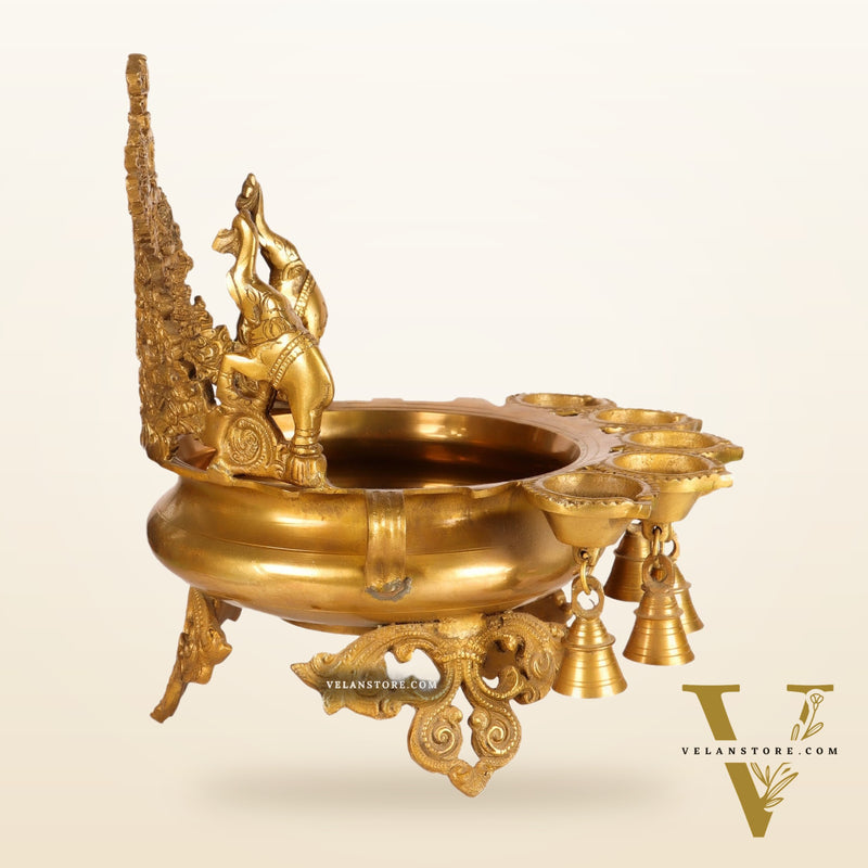 Brass Panchdeep large urli with bells with engraved back frame 12"