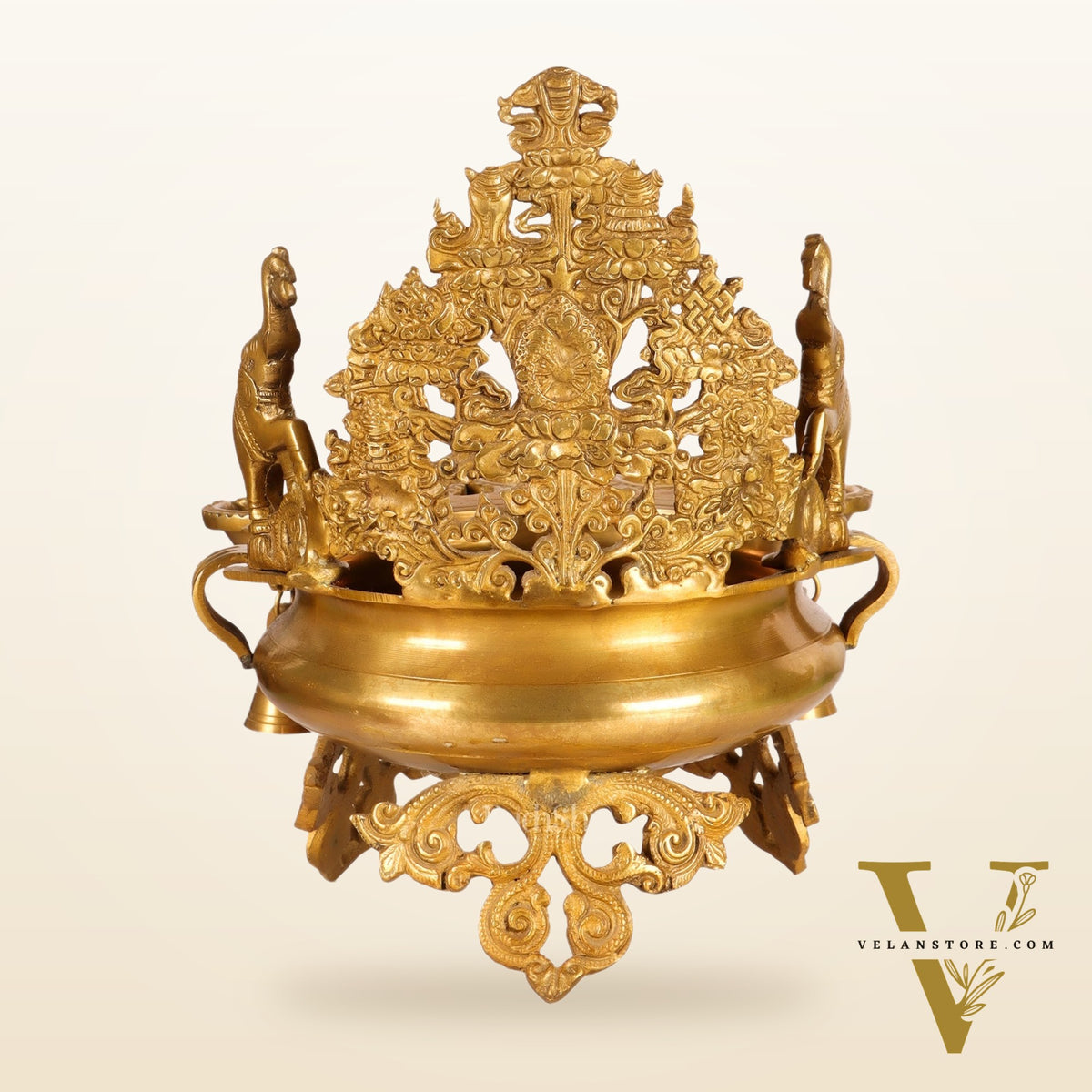 Brass Panchdeep large urli with bells with engraved back frame 12"