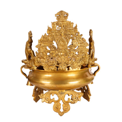 Brass Panchdeep large urli with bells with engraved back frame 12"