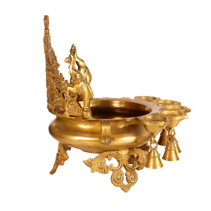 Brass Panchdeep large urli with bells with engraved back frame 12"