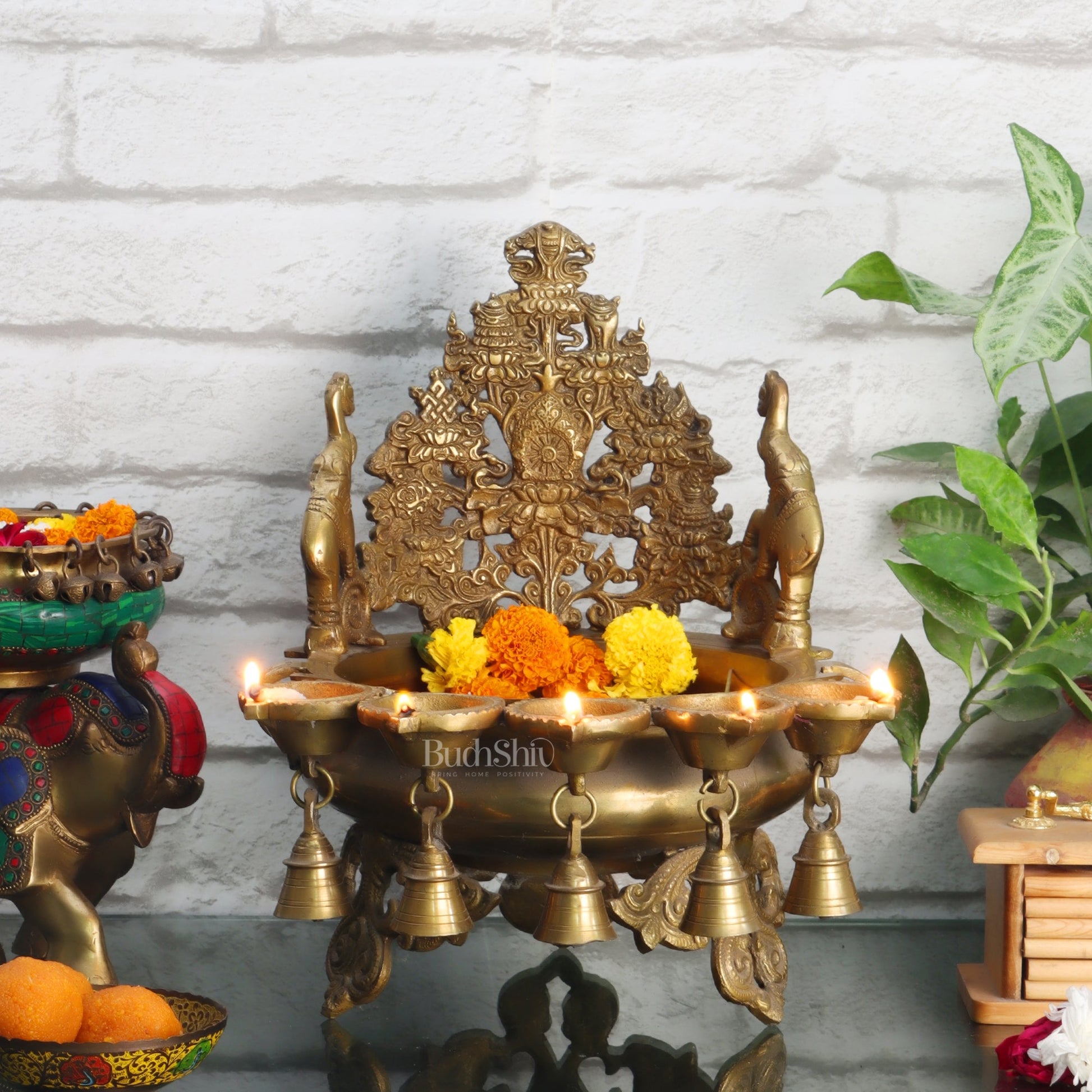 Brass Panchdeep large urli with bells with engraved back frame 12"