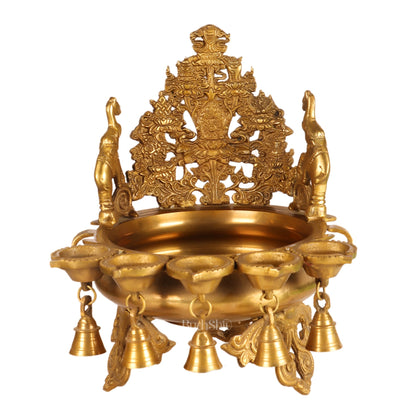 Brass Panchdeep large urli with bells with engraved back frame 12"