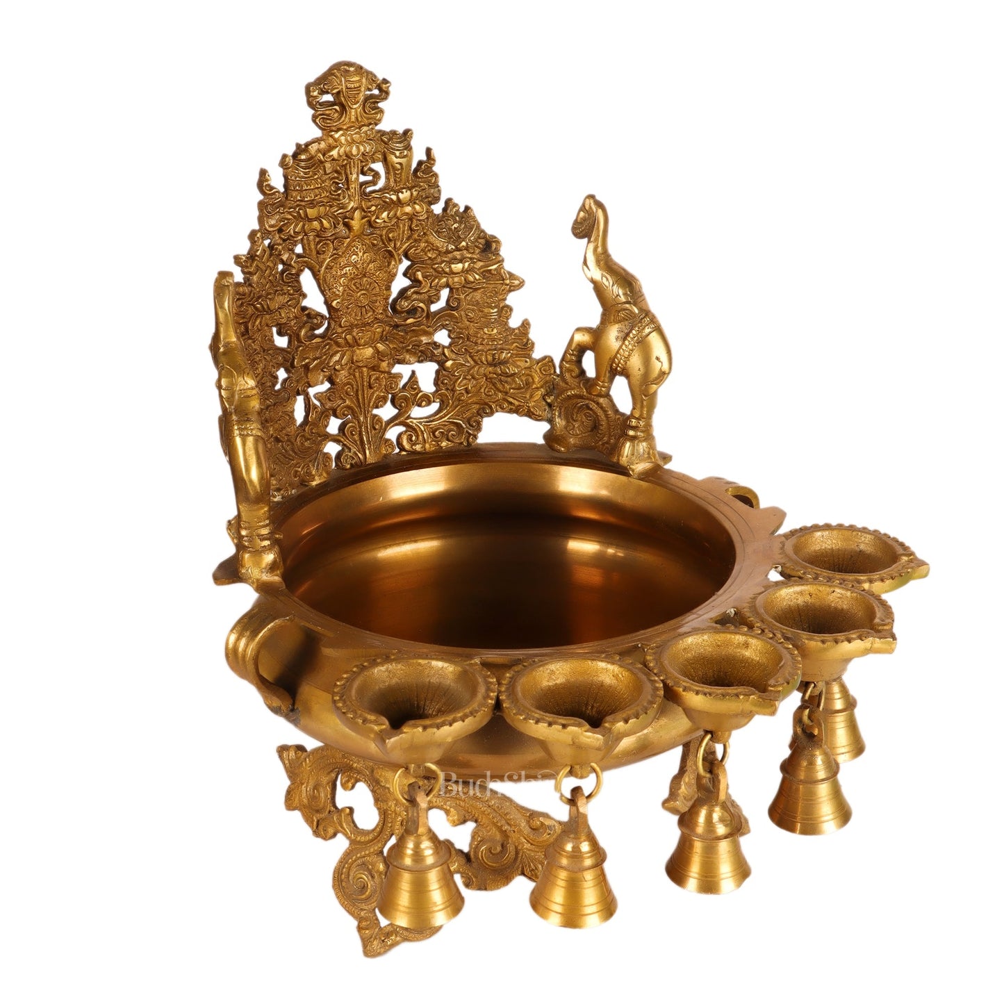 Brass Panchdeep large urli with bells with engraved back frame 12"