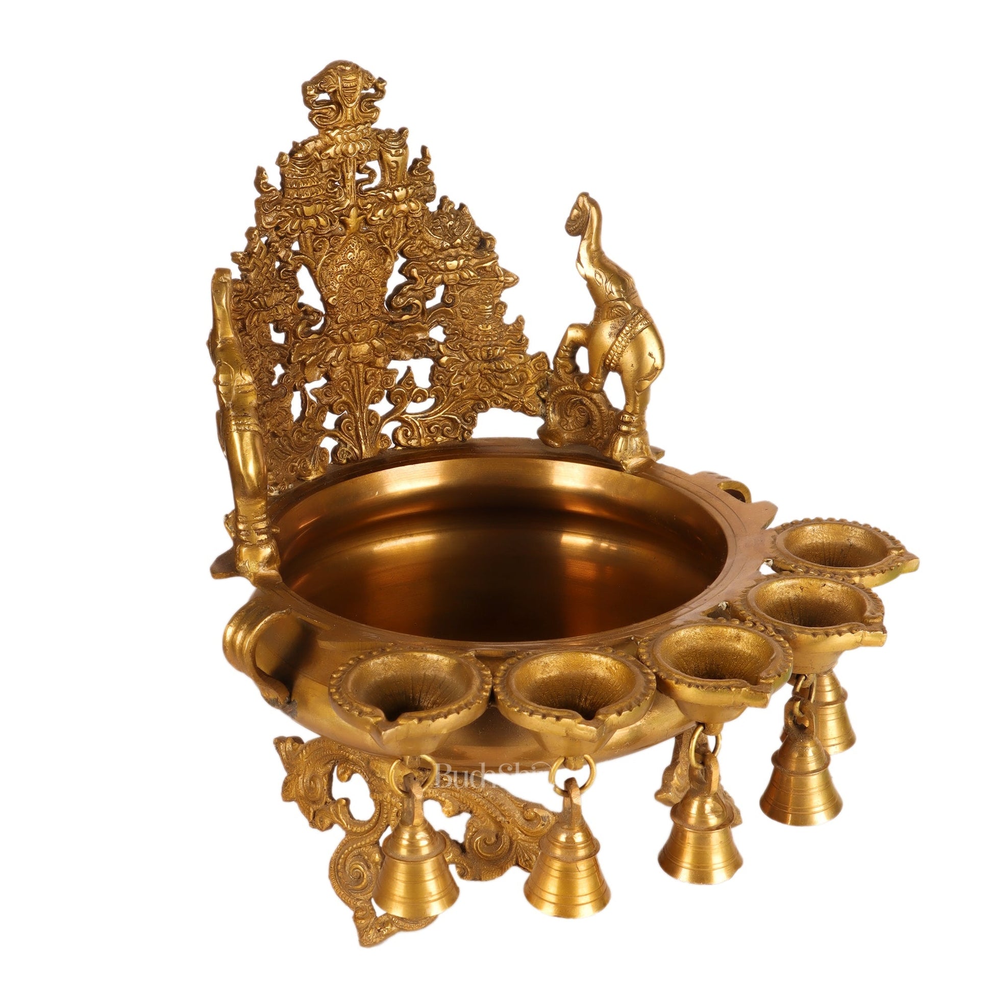 Brass Panchdeep large urli with bells with engraved back frame 12"