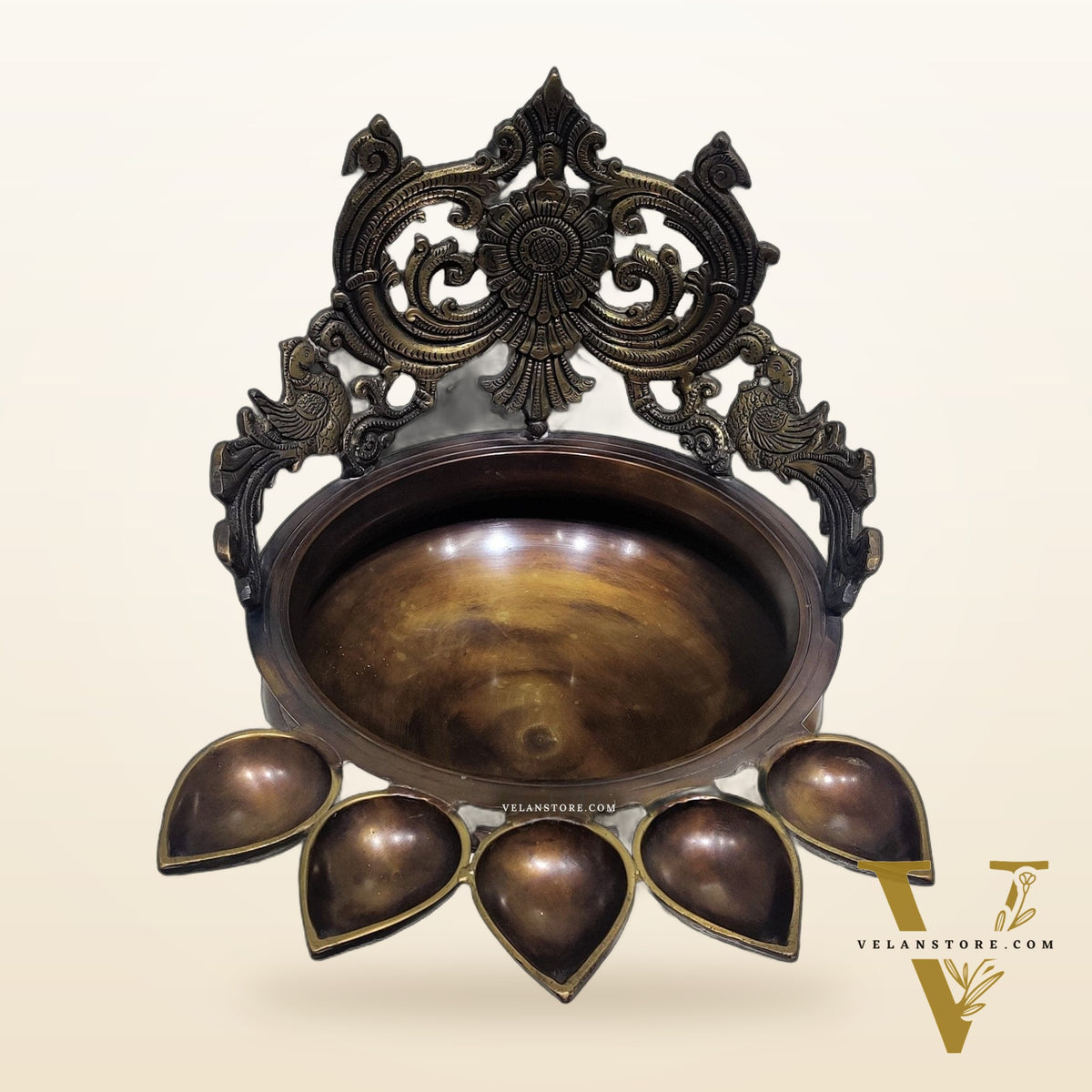 Brass Panchdeep large urli with bells with Spiral engraved back panel