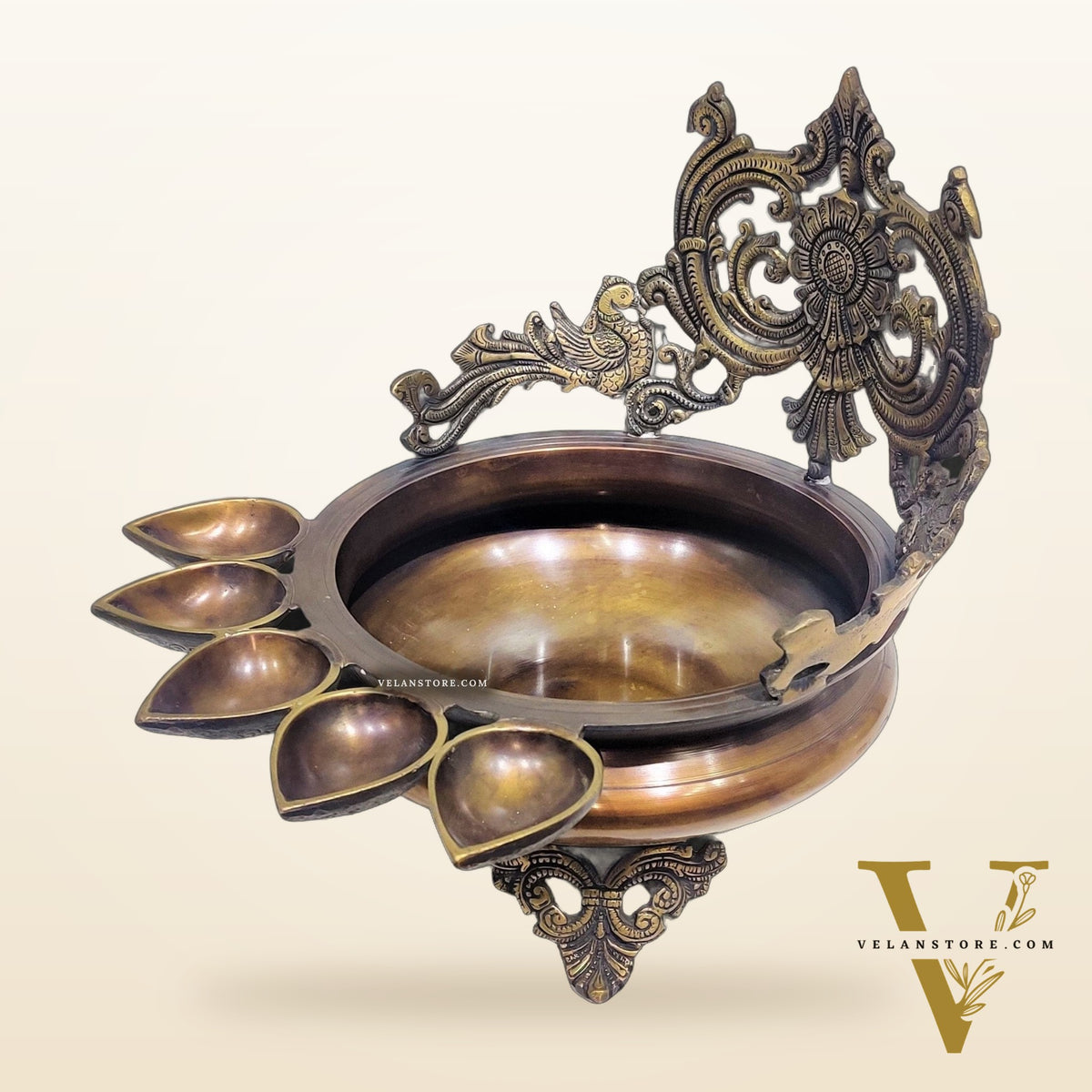 Brass Panchdeep large urli with bells with Spiral engraved back panel