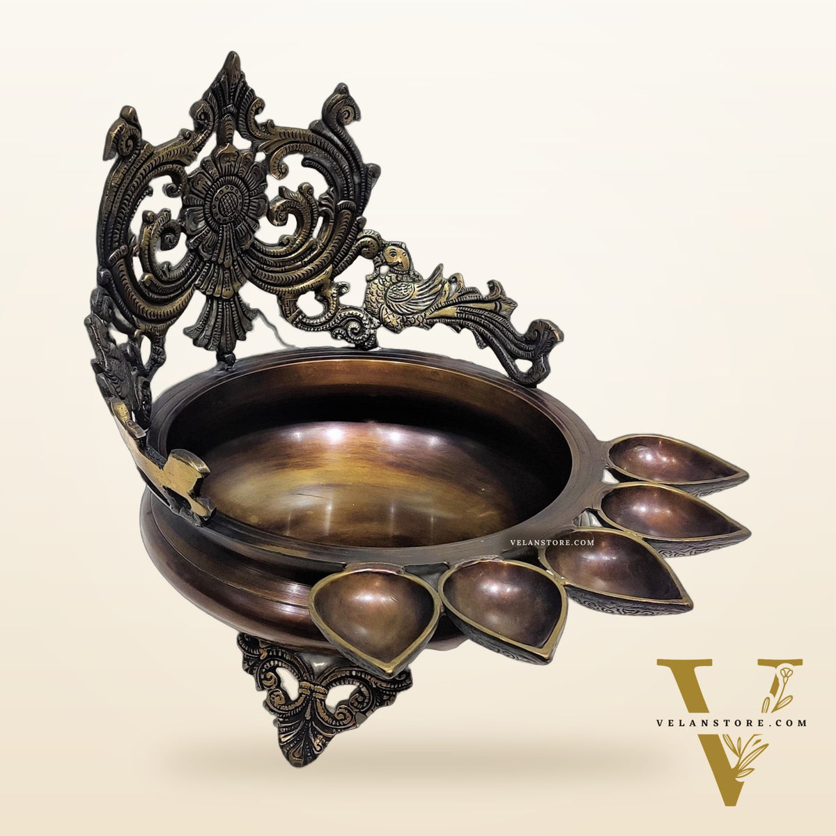 Brass Panchdeep large urli with bells with Spiral engraved back panel